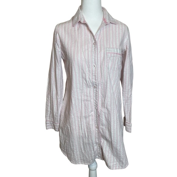 Victoria’s Secret Pink White Silver Stripe Night Sleep Shirt Button Up XS Comfy - Picture 1 of 13